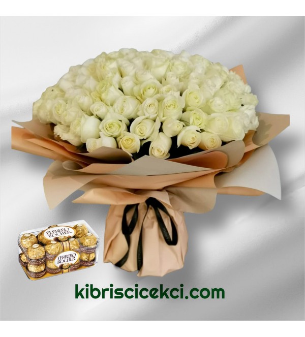 201 Beyaz Gül Buketi 16'lı Ferrero Çikolata